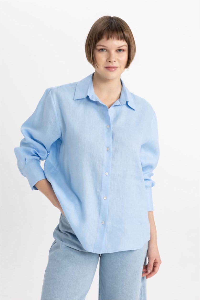 حريمي أزرق Oversize Fit linen Long Sleeve Shirt