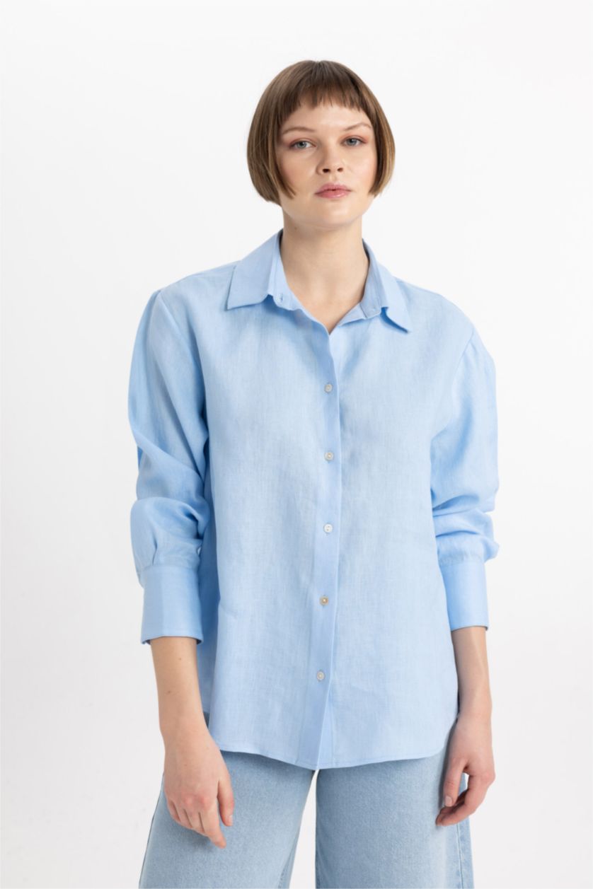 حريمي أزرق Oversize Fit linen Long Sleeve Shirt