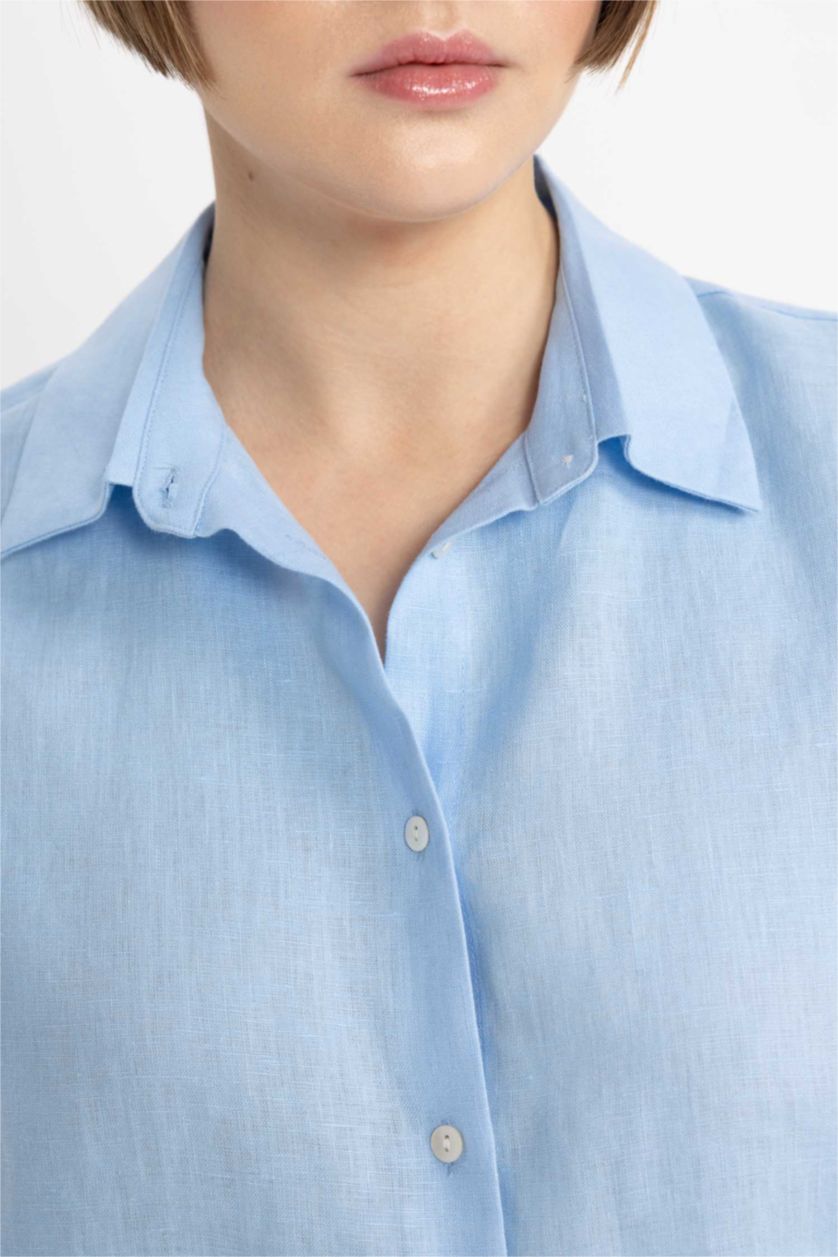 حريمي أزرق Oversize Fit linen Long Sleeve Shirt