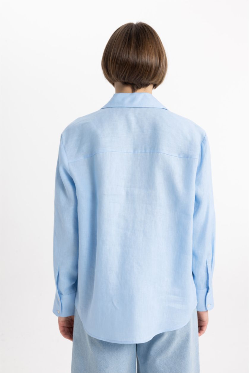 حريمي أزرق Oversize Fit linen Long Sleeve Shirt