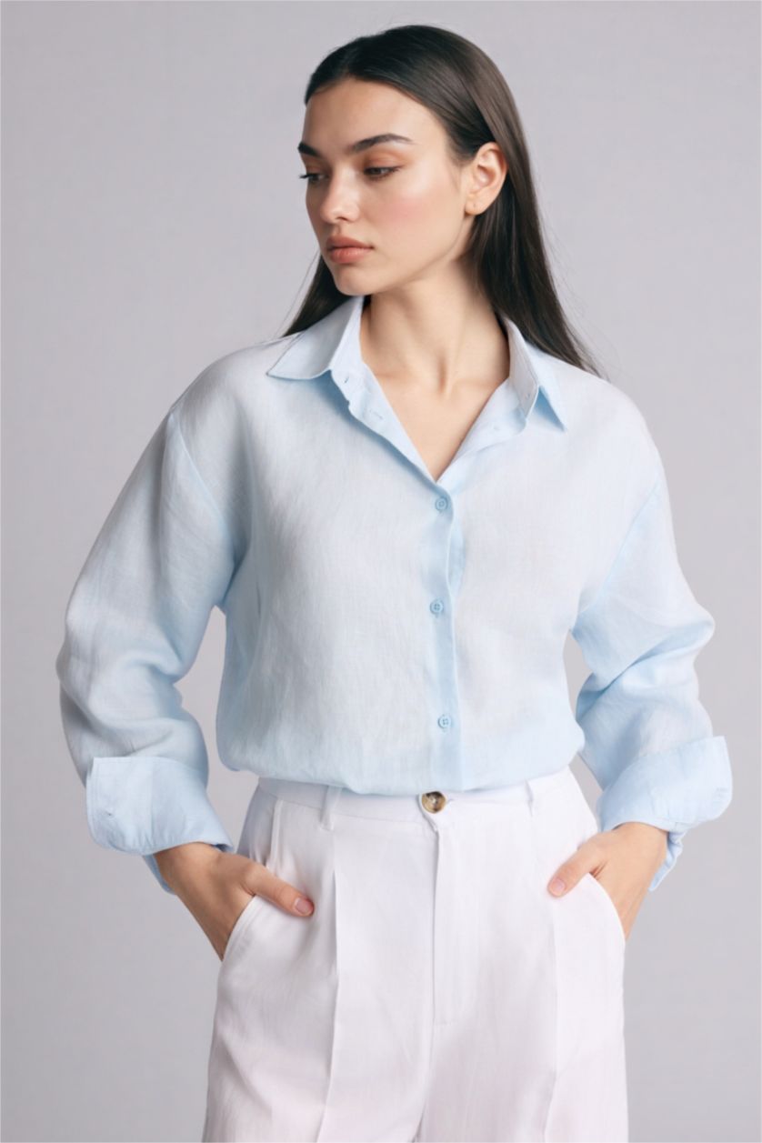 Женщины Светло-синий Льняная рубашка оверсайз с рубашечным воротником и длинным рукавом
