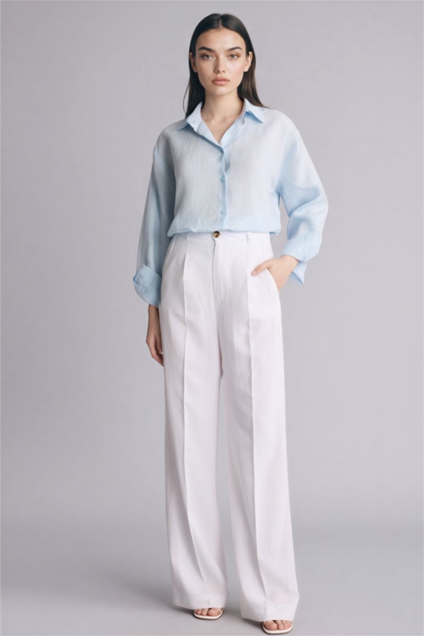 Женщины Светло-синий Льняная рубашка оверсайз с рубашечным воротником и длинным рукавом