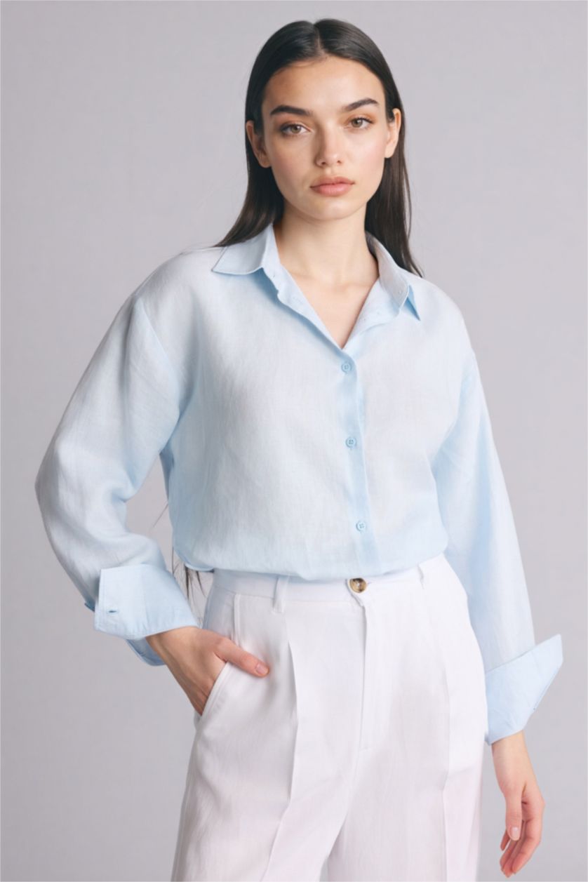 Женщины Светло-синий Льняная рубашка оверсайз с рубашечным воротником и длинным рукавом