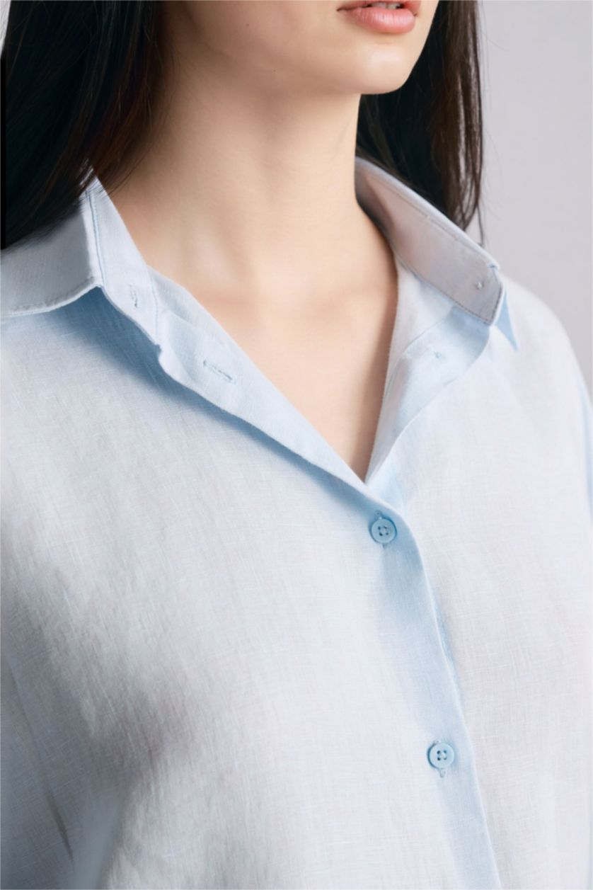 Женщины Светло-синий Льняная рубашка оверсайз с рубашечным воротником и длинным рукавом