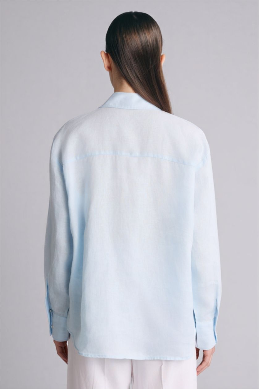 Женщины Светло-синий Льняная рубашка оверсайз с рубашечным воротником и длинным рукавом