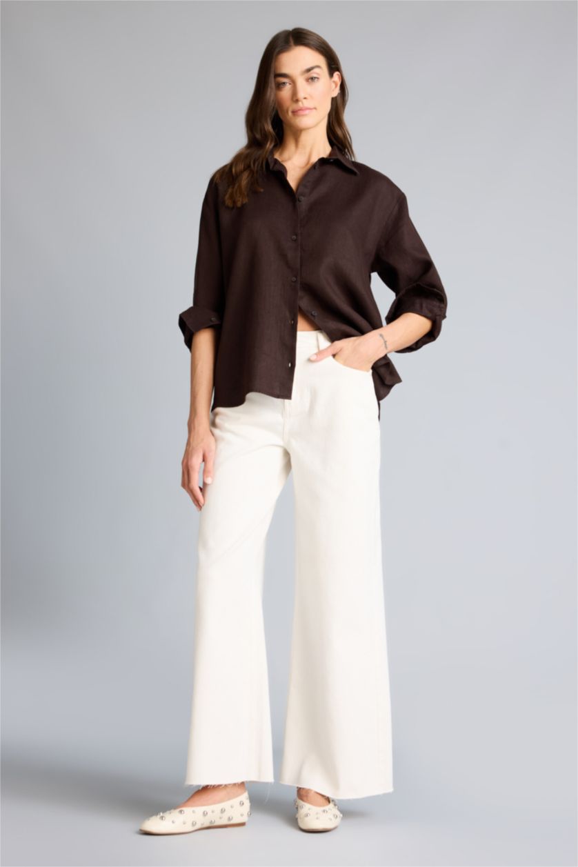 Женщины Коричневый Рубашка с длинным рукавом оверсайз из льна для женщин