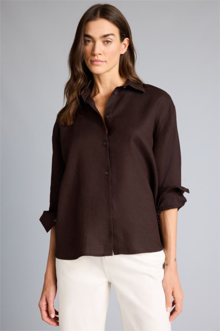 Женщины Коричневый Рубашка с длинным рукавом оверсайз из льна для женщин
