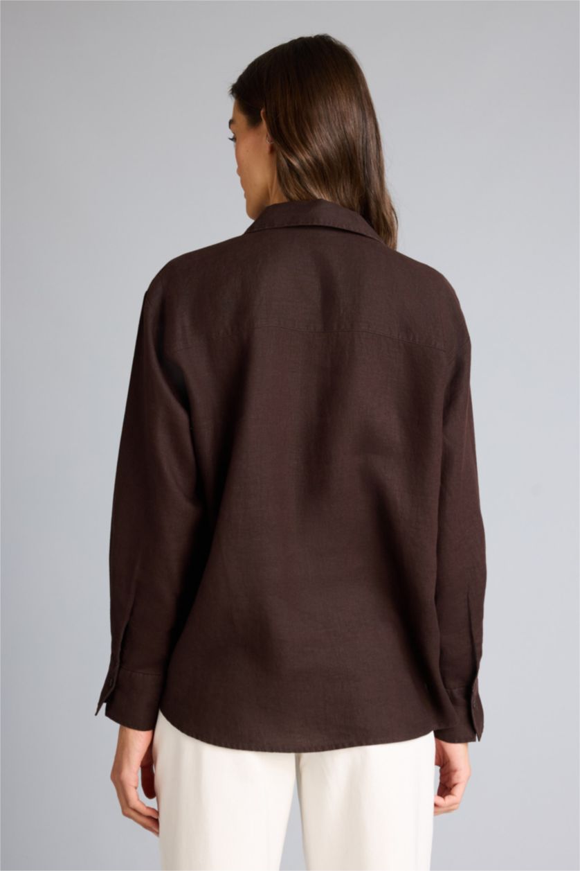 Женщины Коричневый Рубашка с длинным рукавом оверсайз из льна для женщин