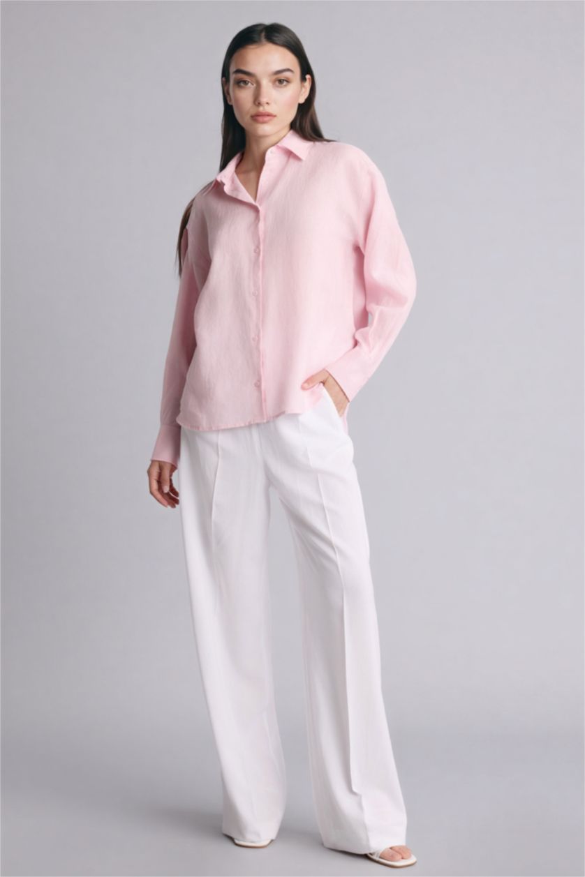 Әйелдерге Қызғылт Oversize жейде жағалы зығыр ұзын жеңді жейде