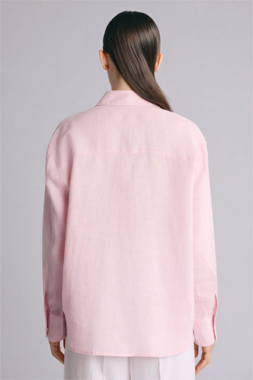 Әйелдерге Қызғылт Oversize жейде жағалы зығыр ұзын жеңді жейде