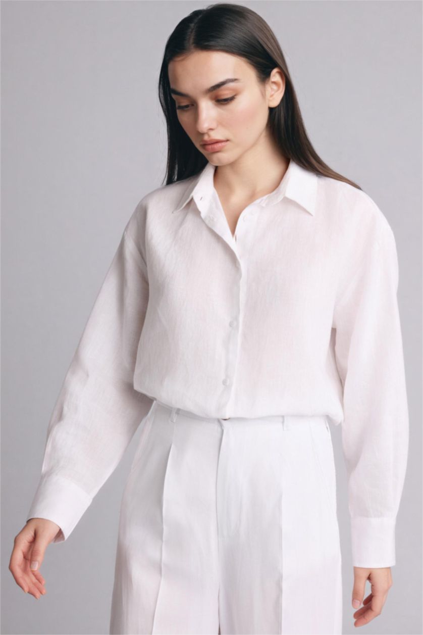 Женщины Белый Рубашка с длинным рукавом оверсайз из льна для женщин