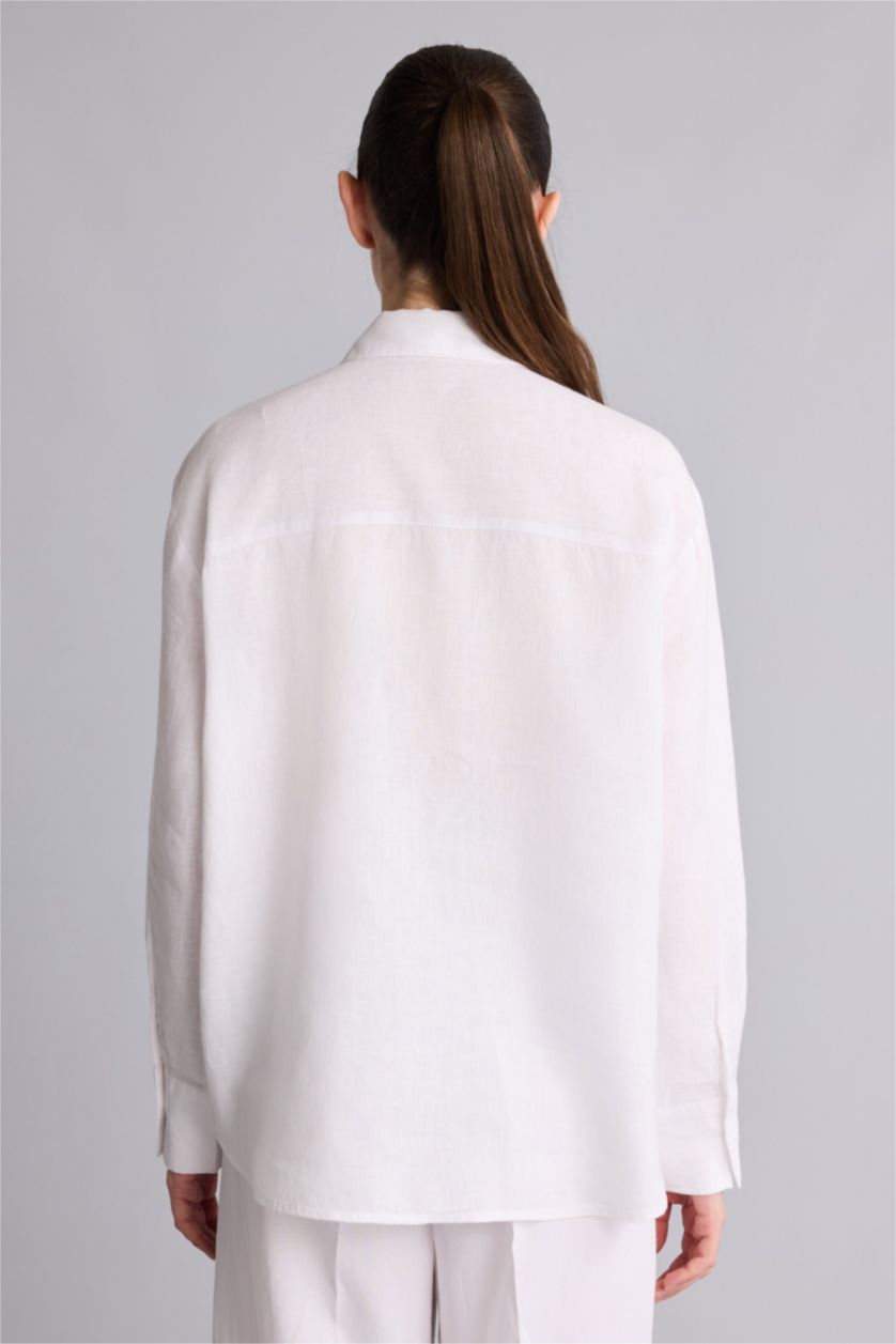 Женщины Белый Рубашка с длинным рукавом оверсайз из льна для женщин