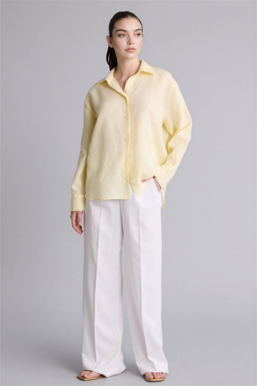 Женщины Светло-желтый Рубашка с длинным рукавом оверсайз из льна для женщин