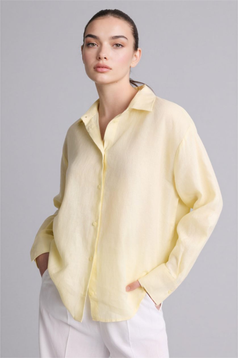 Женщины Светло-желтый Рубашка с длинным рукавом оверсайз из льна для женщин
