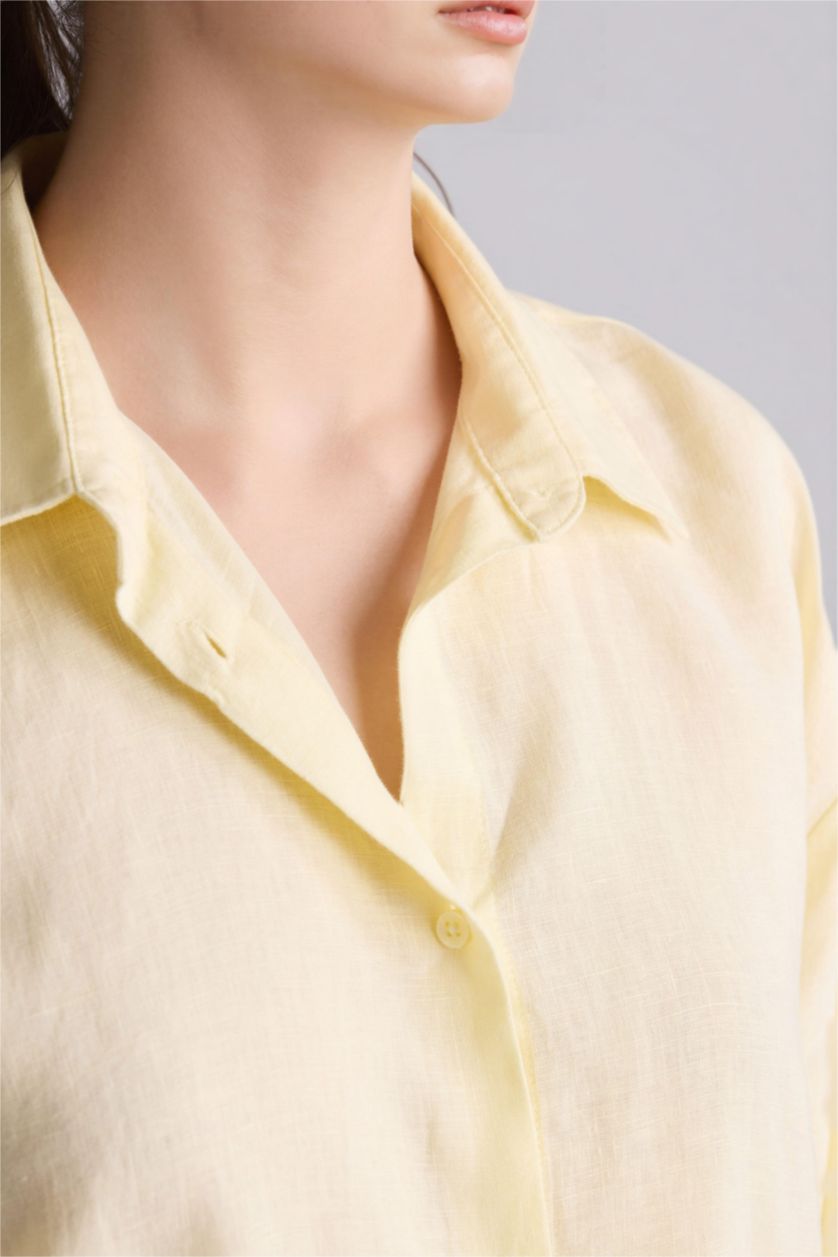Женщины Светло-желтый Рубашка с длинным рукавом оверсайз из льна для женщин