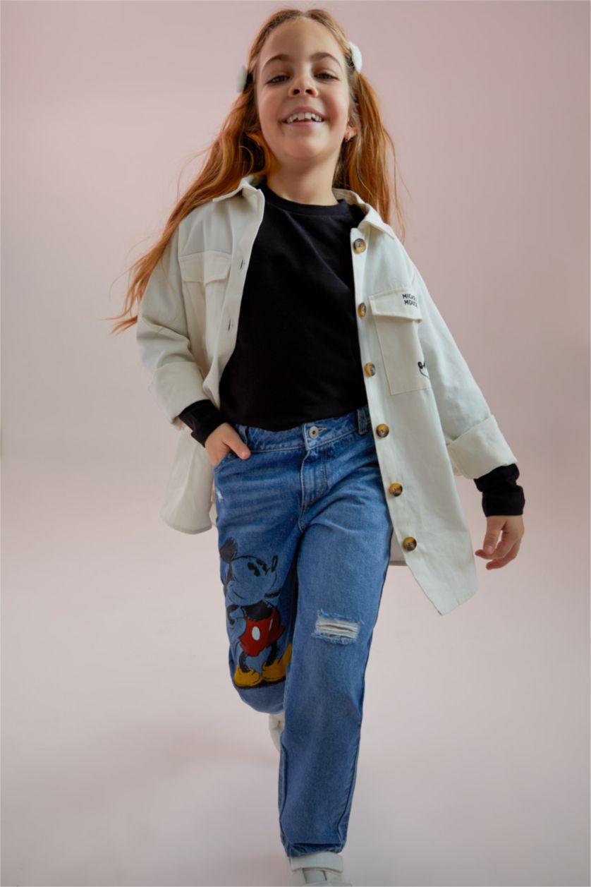 Kız Çocuk - Genç Kız Açık Mavi Kız Çocuk Mickey Mouse Mom Fit Pamuklu Jean Pantolon