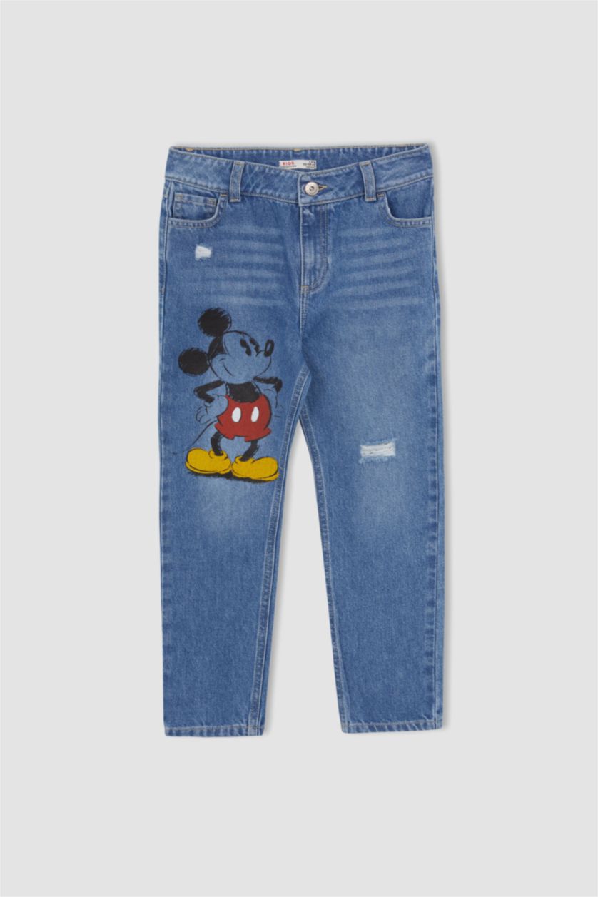 Kız Çocuk - Genç Kız Açık Mavi Kız Çocuk Mickey Mouse Mom Fit Pamuklu Jean Pantolon
