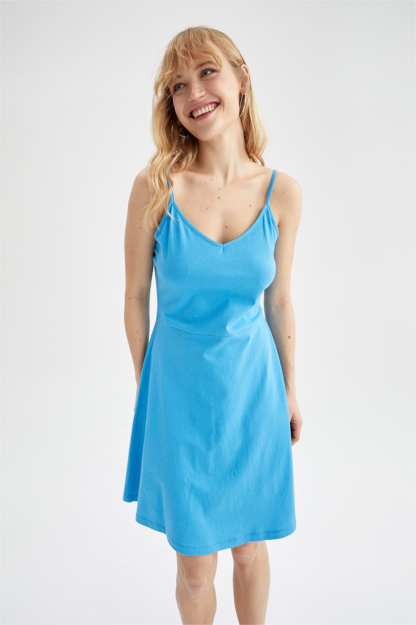 FEMME Bleu Mini robe d'été ajustée à bretelles et encolure en V