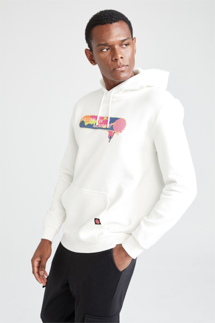 MAN Ecru Defacto Fit Regular Fit Hoodie Printed Sweatshirt