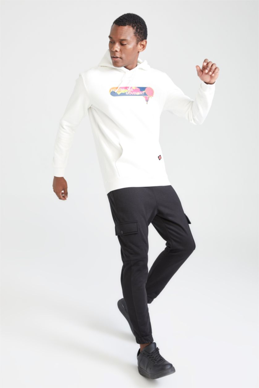 MAN Ecru Defacto Fit Regular Fit Hoodie Printed Sweatshirt