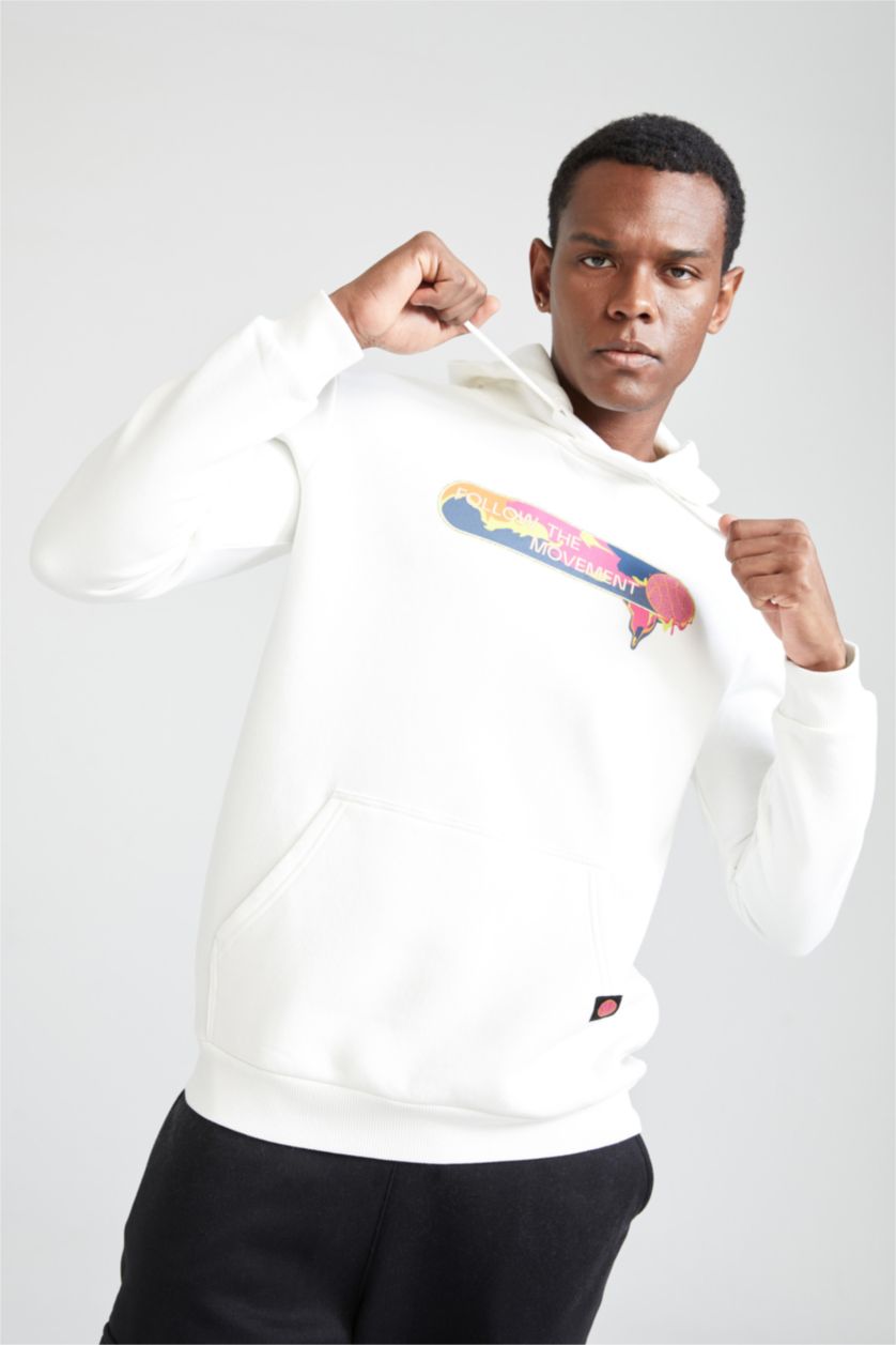 MAN Ecru Defacto Fit Regular Fit Hoodie Printed Sweatshirt