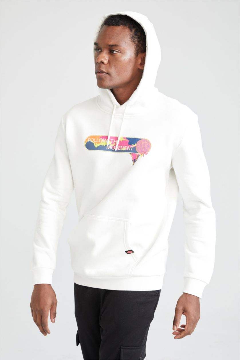 MAN Ecru Defacto Fit Regular Fit Hoodie Printed Sweatshirt