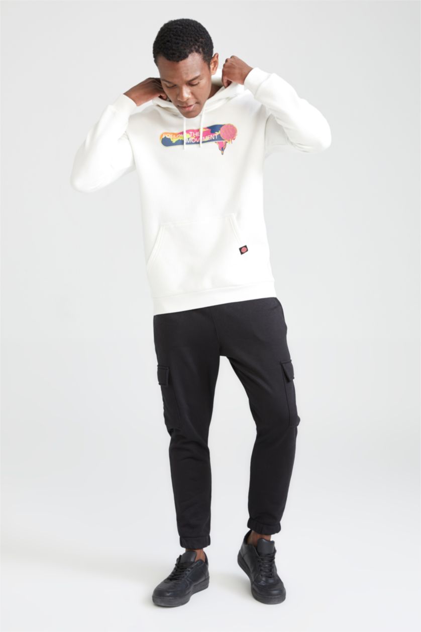 MAN Ecru Defacto Fit Regular Fit Hoodie Printed Sweatshirt