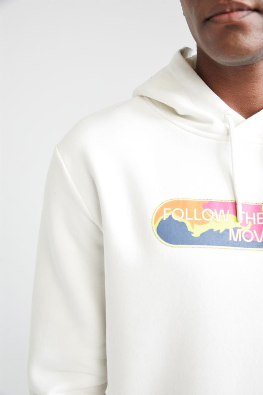 MAN Ecru Defacto Fit Regular Fit Hoodie Printed Sweatshirt