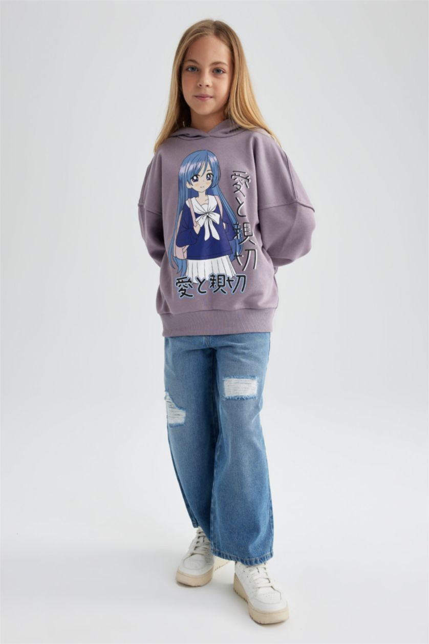 Kız Çocuk - Genç Kız Mavi Wıde Leg Yırtık Detaylı Geniş Paça Jean Pantolon Kız Çocuk