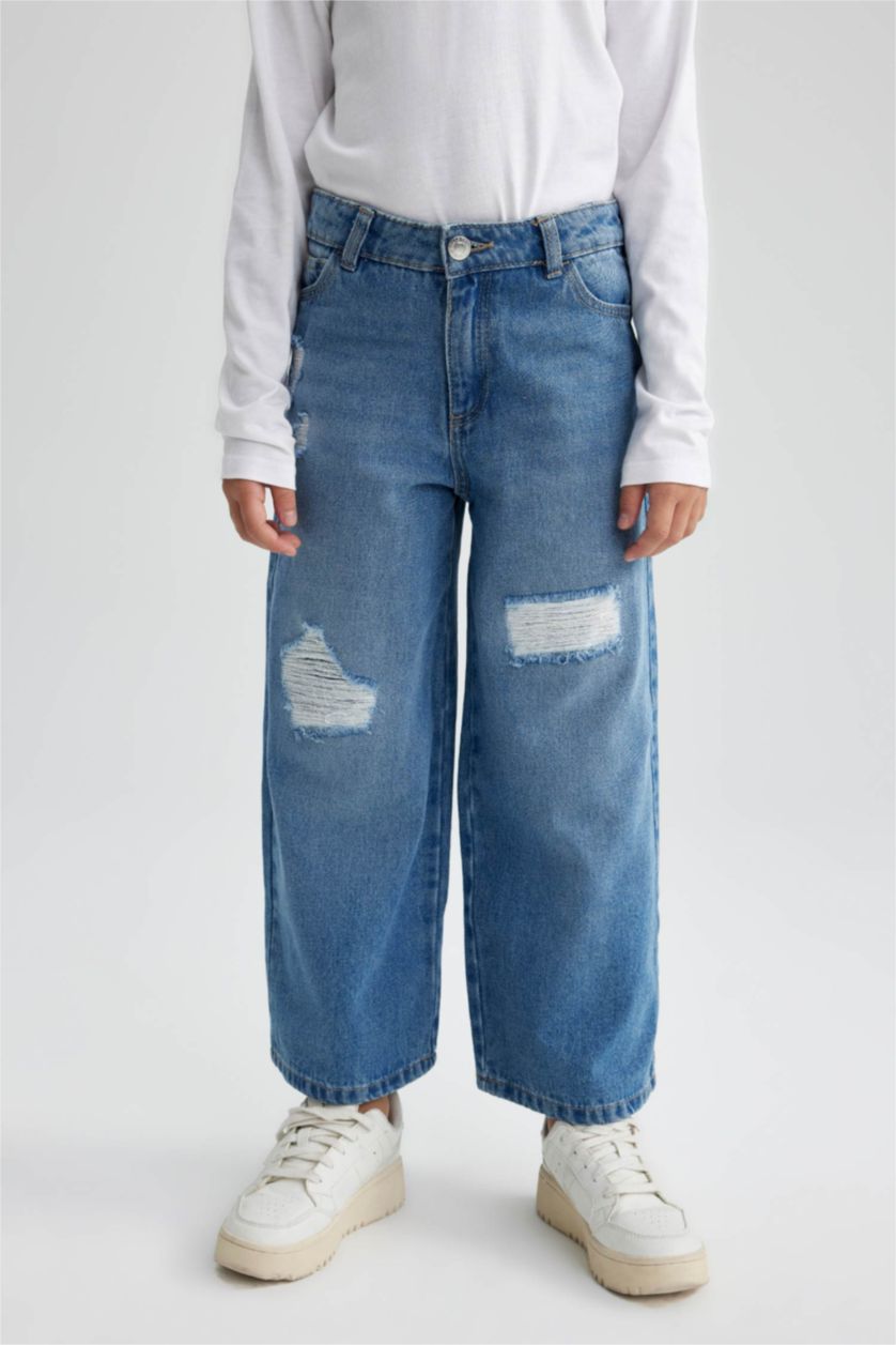 Kız Çocuk - Genç Kız Mavi Wıde Leg Yırtık Detaylı Geniş Paça Jean Pantolon Kız Çocuk