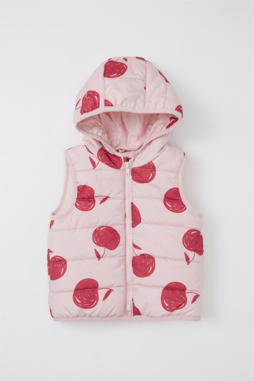 BABY GIRL Light Pink Baby Girl Patterned Hooded Cotton Lined Puffer Vest