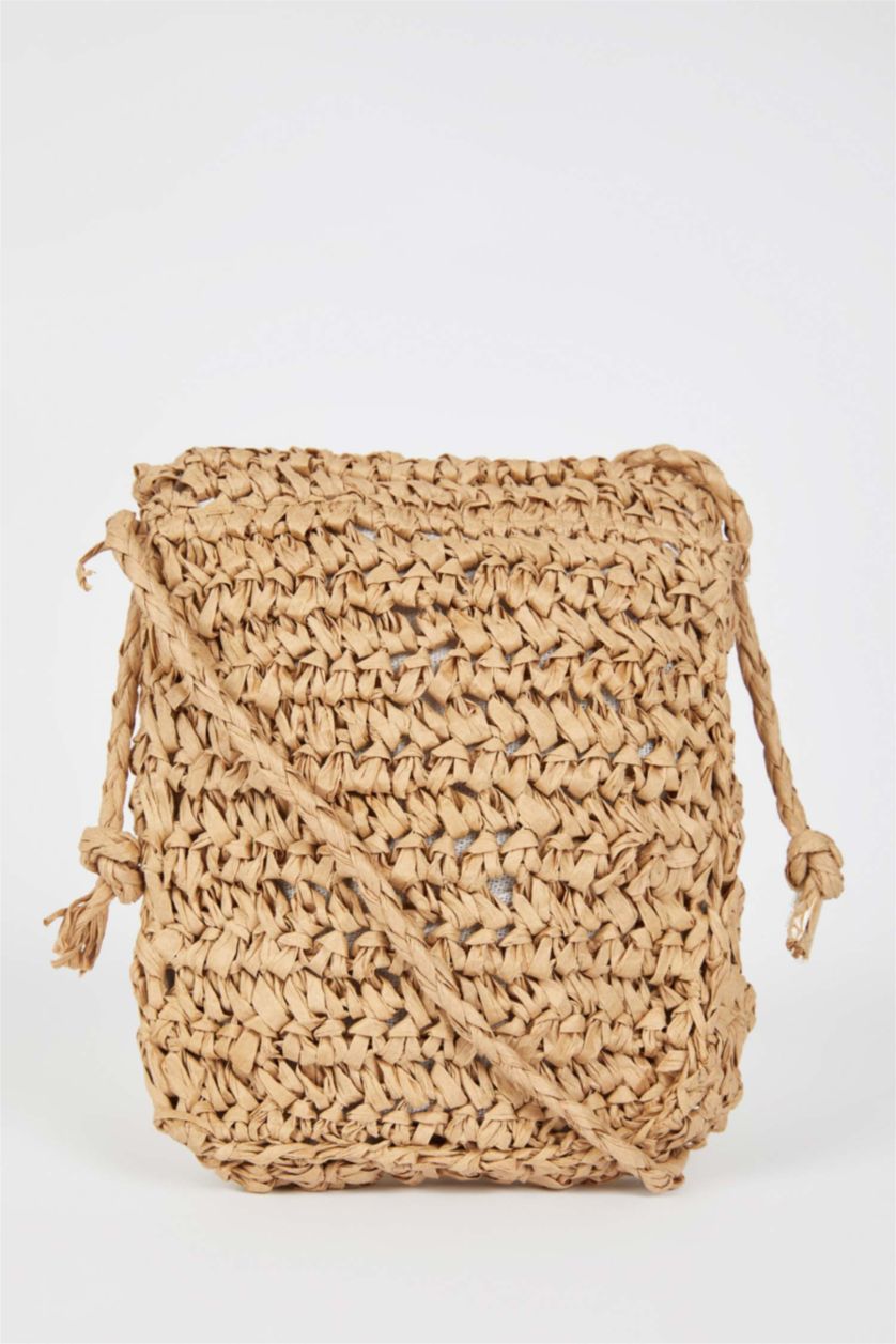 نساء اللون الرملي شنطة كروس نسائي كبيرة من القش