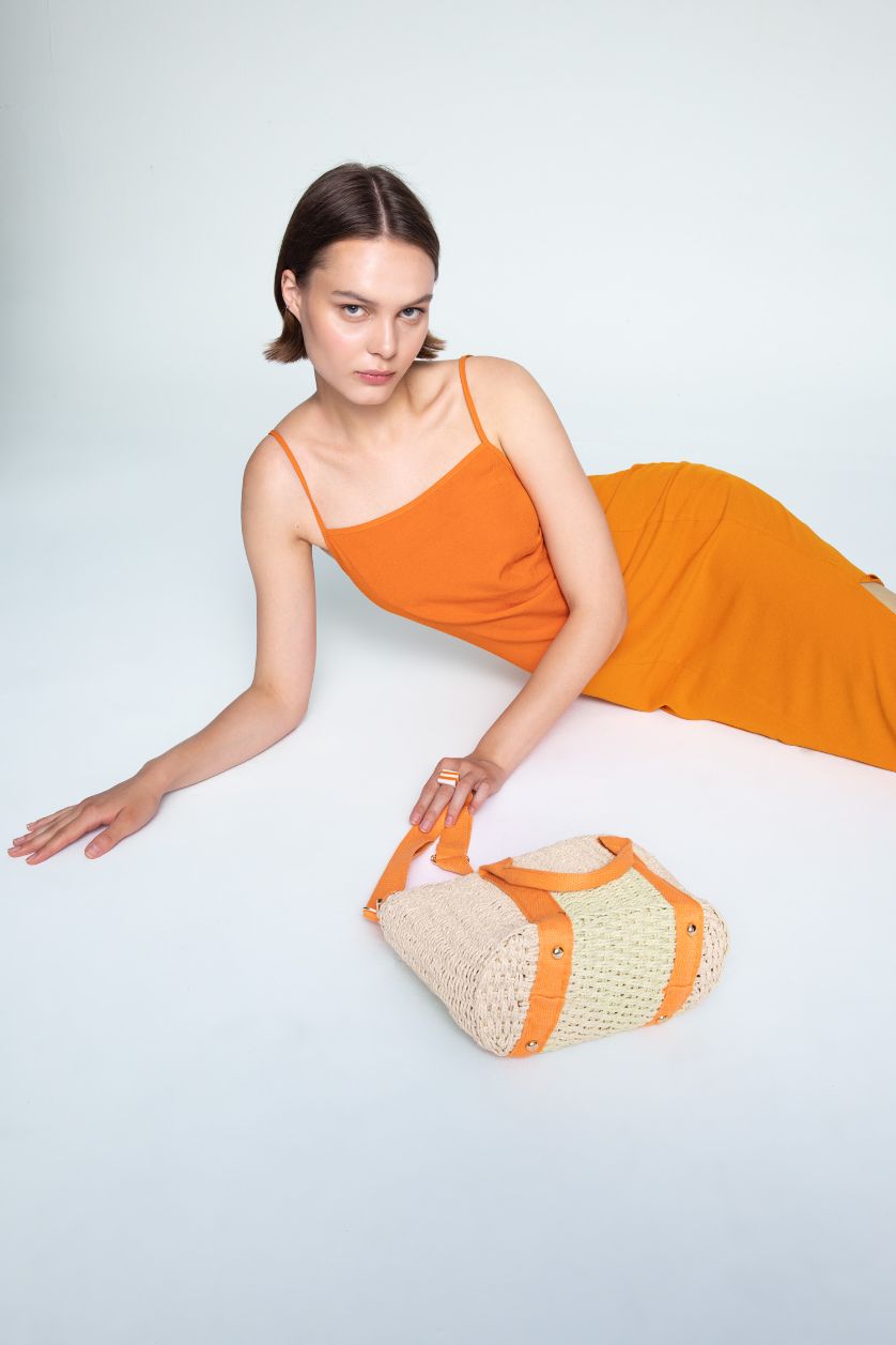 Kadın Turuncu Kadın Büyük Hasır Çapraz Çanta