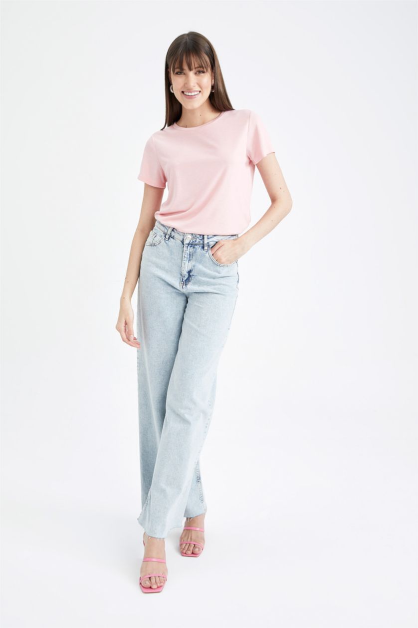 نساء زهري فاتح تيشيرت أساسي نص كم برقبة مستديرة قصة عادية