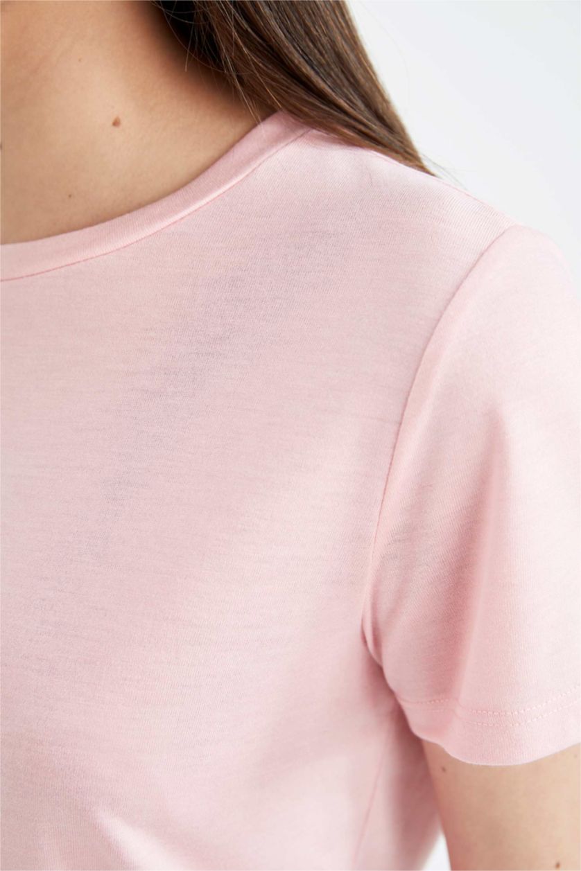 نساء زهري فاتح تيشيرت أساسي نص كم برقبة مستديرة قصة عادية