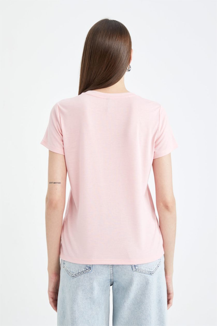 نساء زهري فاتح تيشيرت أساسي نص كم برقبة مستديرة قصة عادية