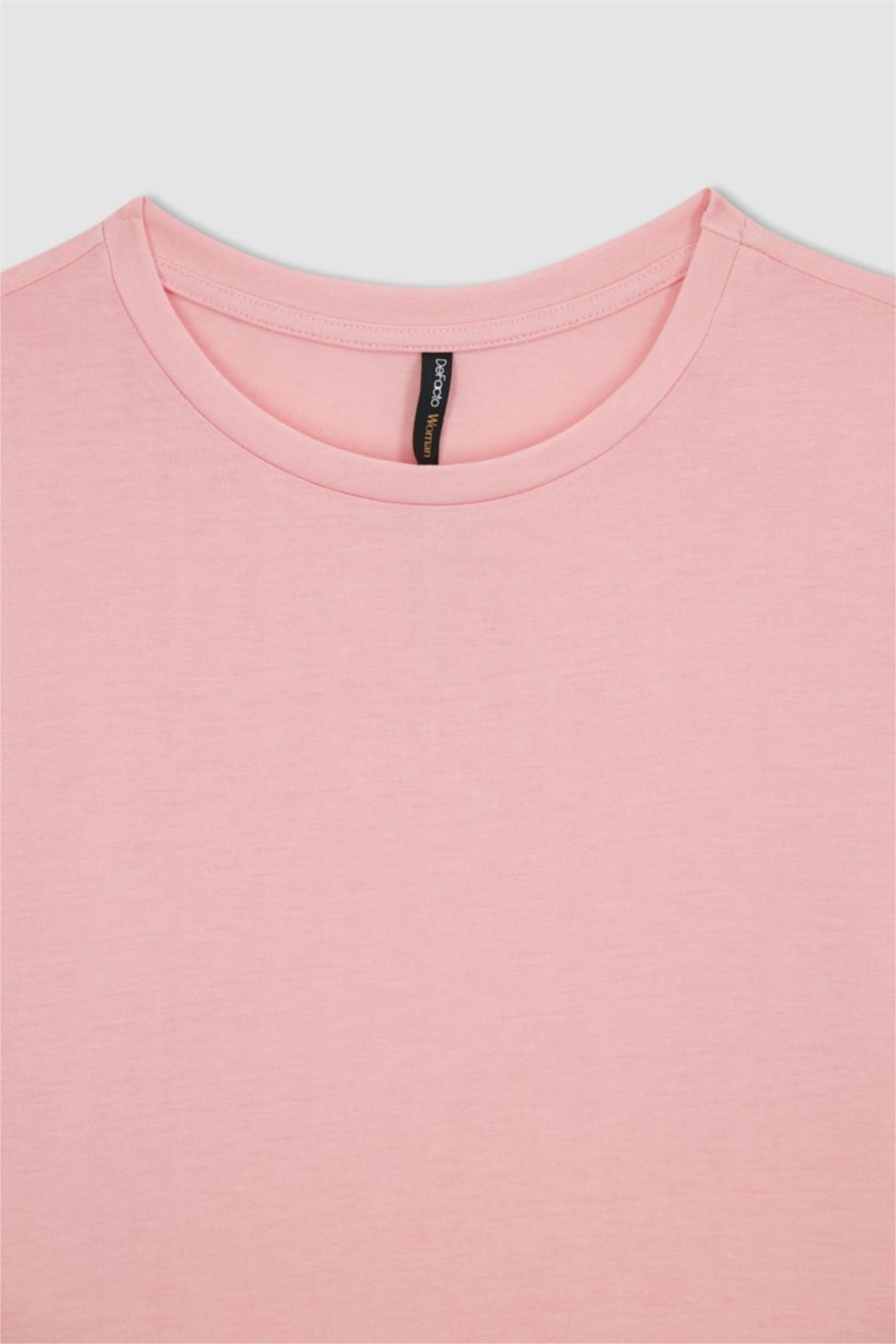 نساء زهري فاتح تيشيرت أساسي نص كم برقبة مستديرة قصة عادية