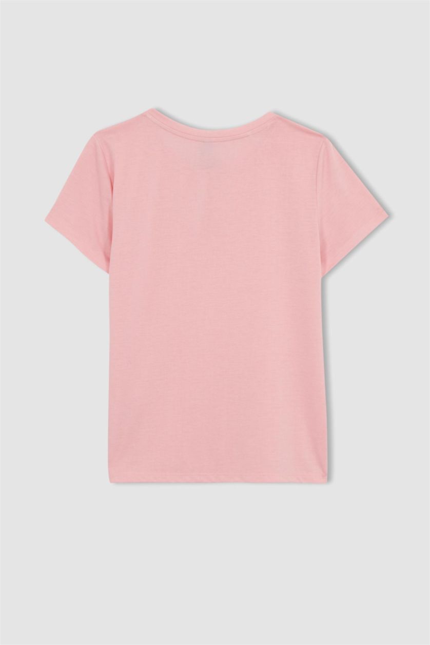 نساء زهري فاتح تيشيرت أساسي نص كم برقبة مستديرة قصة عادية