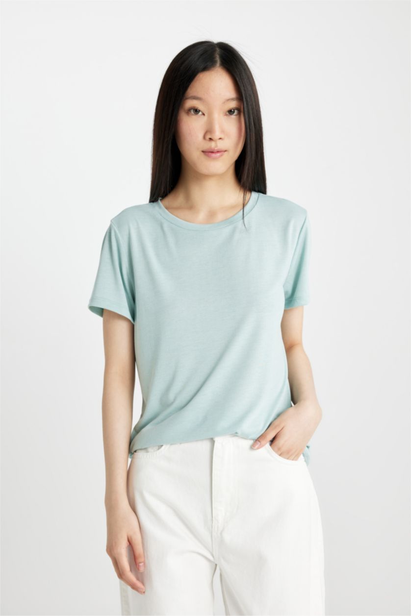 نساء نعناع تيشيرت نص ردن بياخة مستديرة وقصة عادية