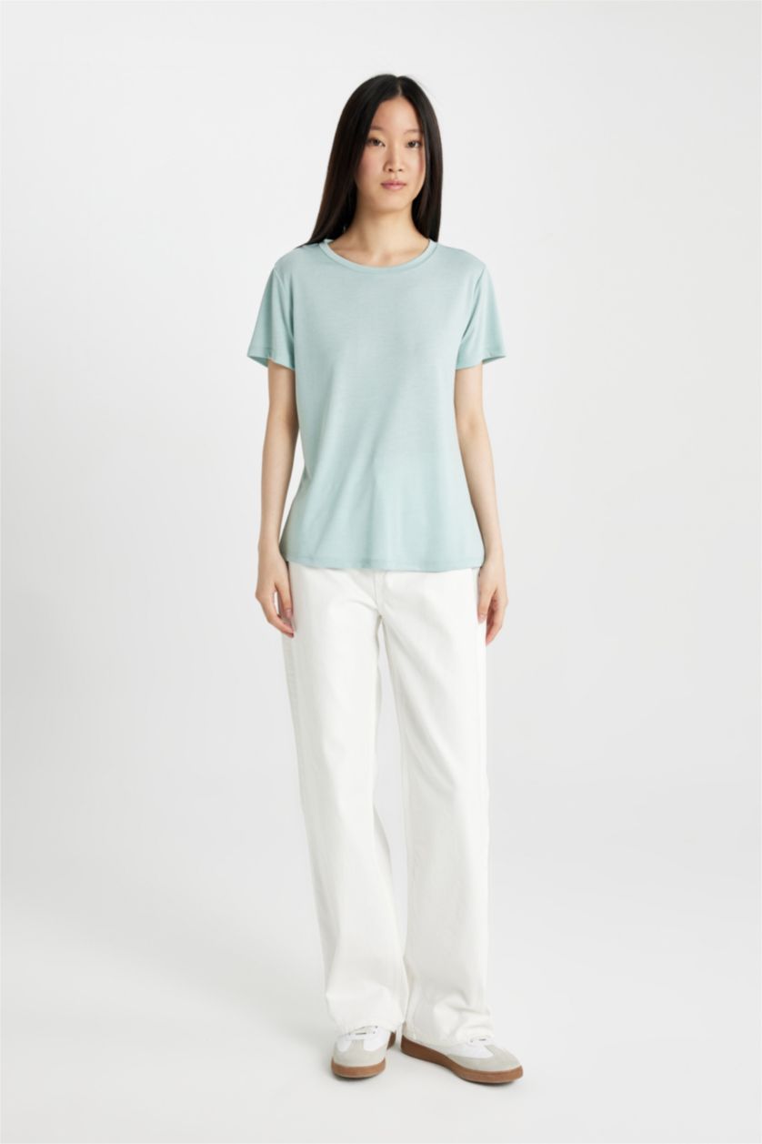 نساء نعناع تيشيرت نص ردن بياخة مستديرة وقصة عادية