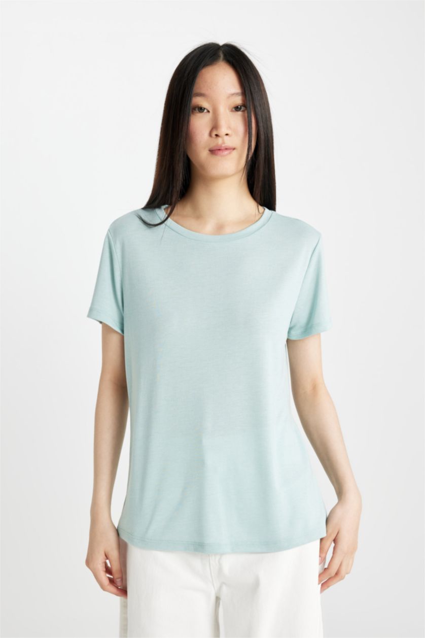 نساء نعناع تيشيرت نص ردن بياخة مستديرة وقصة عادية