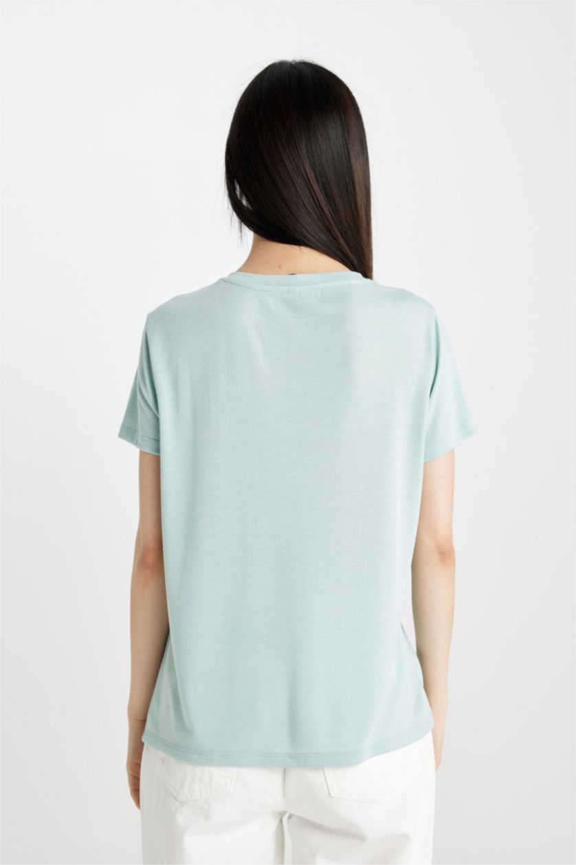 نساء نعناع تيشيرت نص ردن بياخة مستديرة وقصة عادية