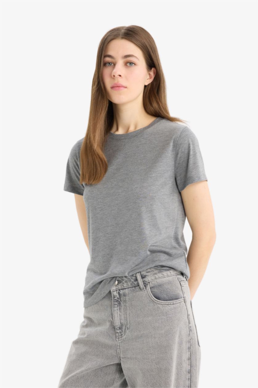 Kadın Antrasit Melanj Regular Fıt Bisiklet Yaka Basıc Düz Kısa Kollu Tişört