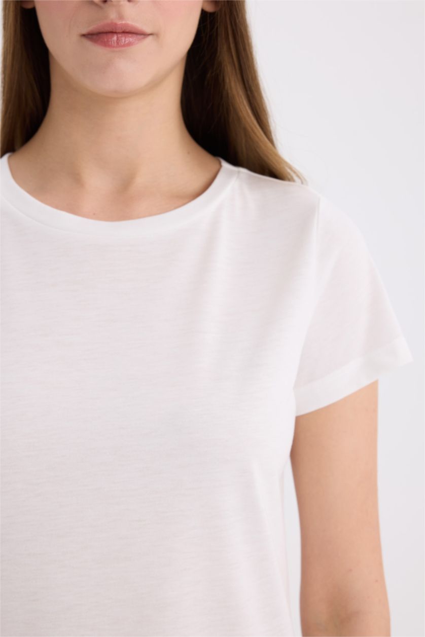 Kadın Ekru Regular Fıt Bisiklet Yaka Basıc Düz Kısa Kollu Tişört