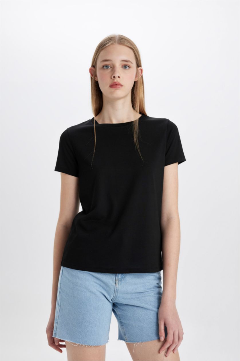 Women Black Regular Fit Short Sleeve T-Shirt