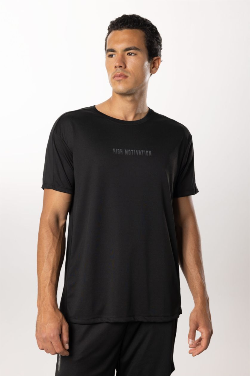 MAN Black Defacto Fit Standard Fit Crew Neck Printed Sports T-Shirt