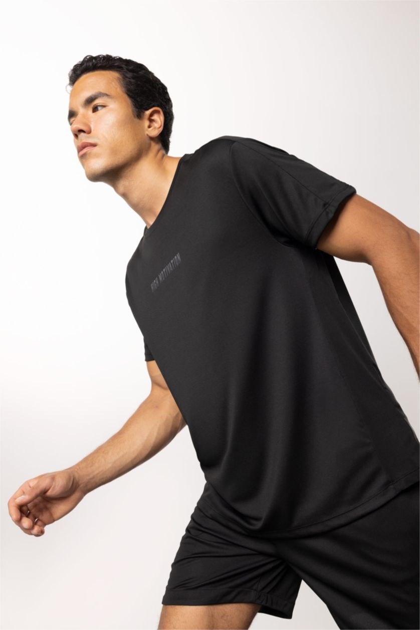 MAN Black Defacto Fit Standard Fit Crew Neck Printed Sports T-Shirt