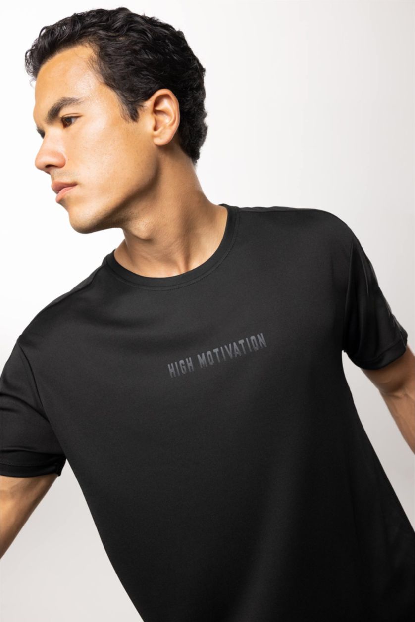MAN Black Defacto Fit Standard Fit Crew Neck Printed Sports T-Shirt