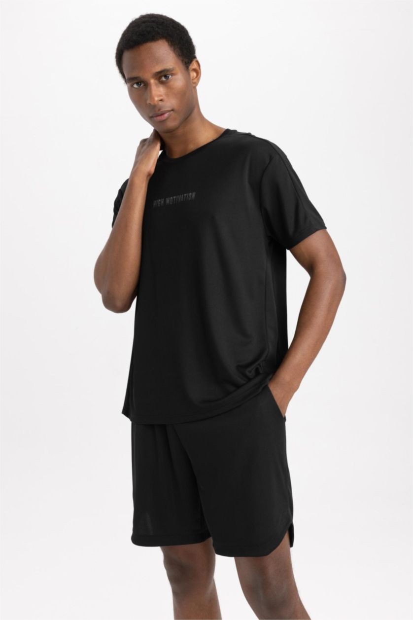 MAN Black Defacto Fit Standard Fit Crew Neck Printed Sports T-Shirt