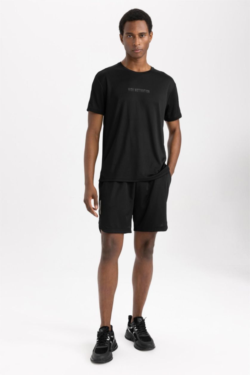 MAN Black Defacto Fit Standard Fit Crew Neck Printed Sports T-Shirt